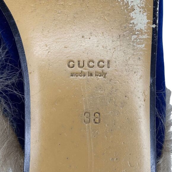 Gucci Princetown Fur Slipper EU 38 US 8 Blue Velvet Horsebit Mule Loafer Flats - Picture 9 of 10